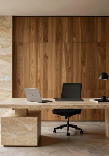 A minimalist private office interior in Barcelona, natural stone textures, warm wood paneling, soft atmospheric light.