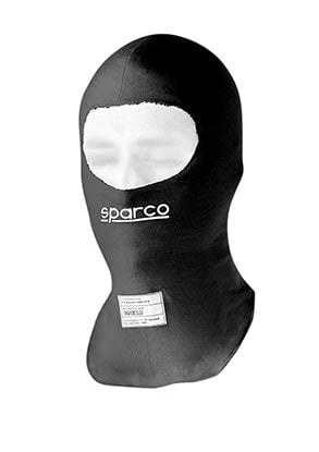 Black Sparco fire-resistant racing balaclava for professional driver safety and protection.