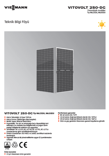iessmann Vitovolt 250-DG serisi güneş paneli teknik bilgi föyü ve ürün görseli.