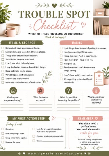 A home organization trouble spot checklist worksheet for decluttering and improving storage habits.