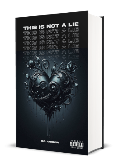 A black book cover featuring a black romantic heart entwined in roses and decorative flourishes