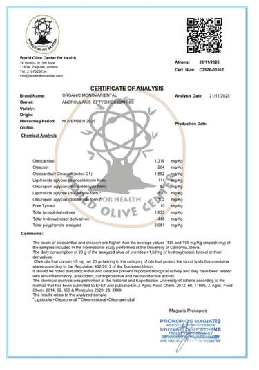 Lab test certificate showing high polyphenol count for Pamako olive oil 2025