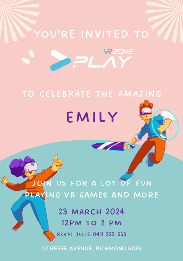 Pink invitation sample for a girl's birthday for VR Zone Play