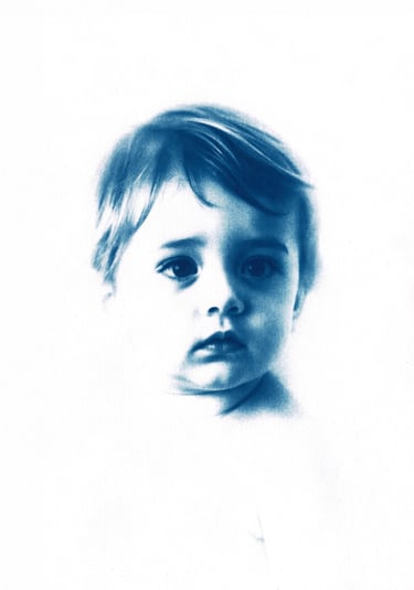Stylized monochromatic blue portrait of a child with soft features, expressive eyes, and a gentle, s