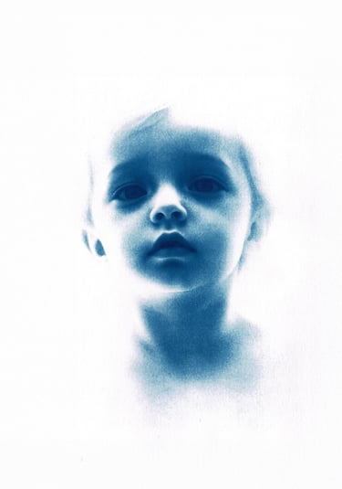 Minimal monochromatic blue portrait of a child with soft features, large eyes, and a serene, etherea