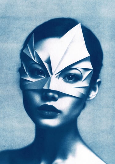 Close-up of a woman with dark hair, wearing an angular paper mask resembling a bird or superhero, ag