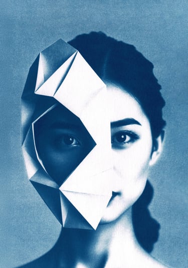 Portrait of a woman with dark hair and light skin, partially obscured by a blue geometric origami ma