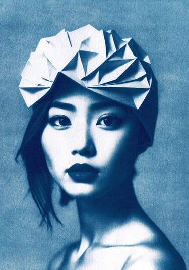 Close-up of a woman with blue-toned skin, dark eyebrows, and full lips, wearing a geometric paper he