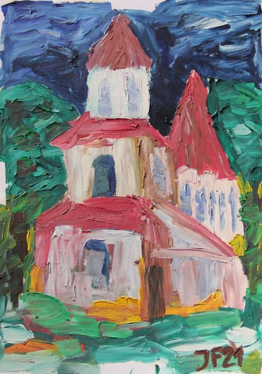 a painting of a church with a red roof