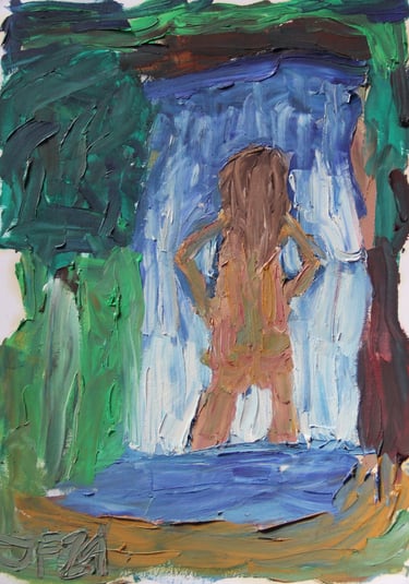 a painting of a woman under a waterfall