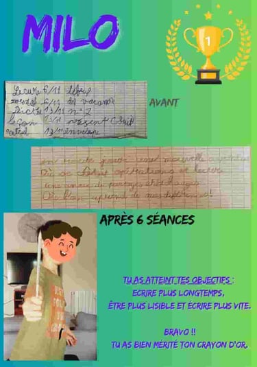 Voici le diplôme donné à Milo à la fin de sa rééducation de graphopédagogie.