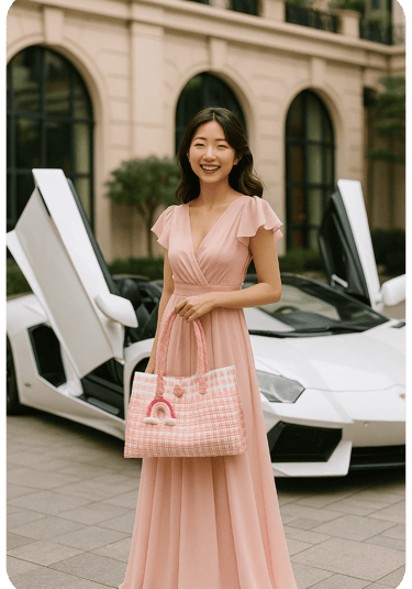 Handmade pink woven plastic tote bag with rainbow detail by Craftvitas Indonesia, eco friendly fashion bag