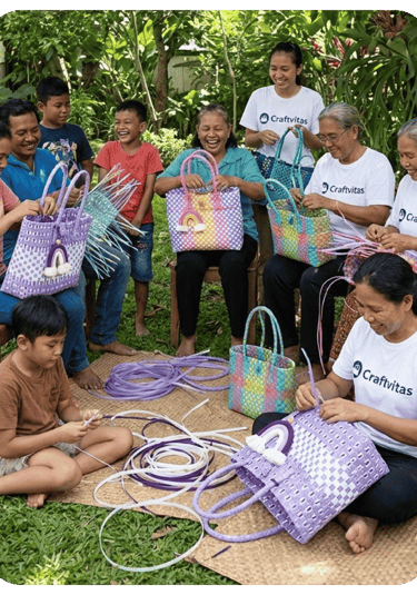 Community of artisans and families handcrafting colorful jali jali woven plastic bags together outdoors at craftvitas