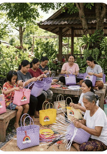 Artisans handweaving jali jali plastic bags in a garden setting using traditional manual techniques at Craftvitas Indonesia.