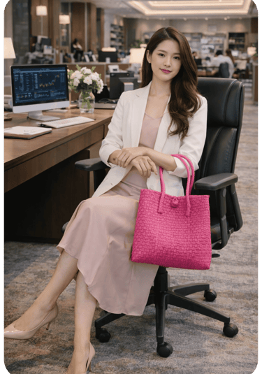 Pink handwoven recycled plastic tote bag by Craftvitas, handmade eco friendly women office fashion bag