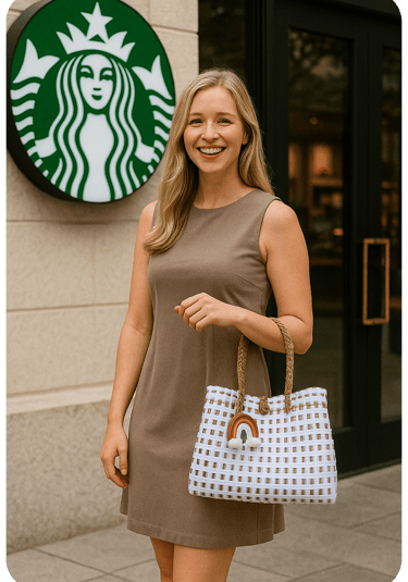 Handmade white handwoven bag worn by a woman in a modern urban setting
