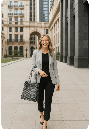 Professional woman carrying a black handmade handwoven tote bag for work