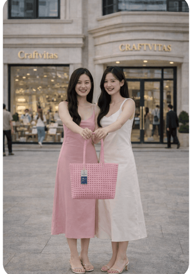 Handmade pink woven plastic tote bag by Craftvitas Indonesia worn by two women, eco friendly fashion bag