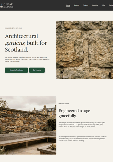 Traditional stonemasonry architectural garden wall in Edinburgh with modern wooden seating and native stone.