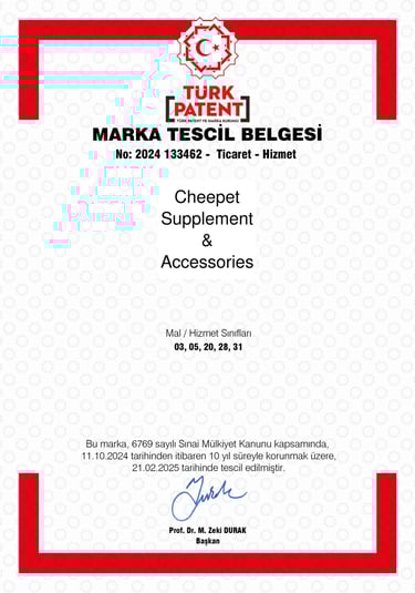 CHEEPET markasının resmi tescil belgesi. CHEEPET, pet takviyeleri ve aksesuarları alanında tescilli