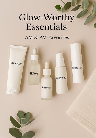 Flatlay of five essential skincare products labeled Cleanser, Serum, Retinol, and Moisturizers arran