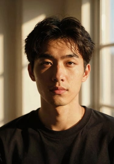 Artistic portrait with warm golden-hour light and high-contrast shadows, cinematic 35mm style