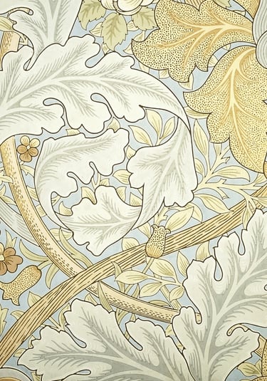 Intricate William Morris pattern featuring birds, flowers, and decorative foliage inspired by nature