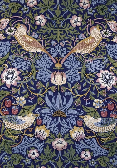 Intricate William Morris pattern featuring birds, flowers, and decorative foliage inspired by nature.