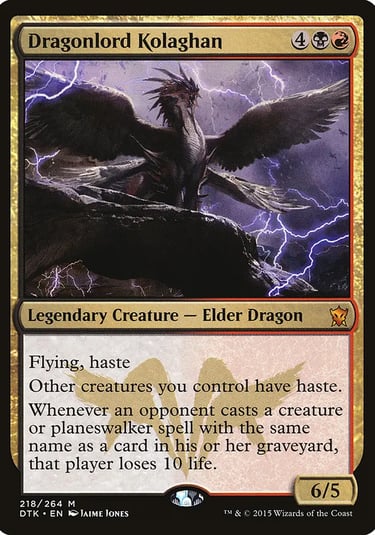 Dragonlord Kolaghan Magic the Gathering card featuring an elder dragon with wings spread amidst lightning.