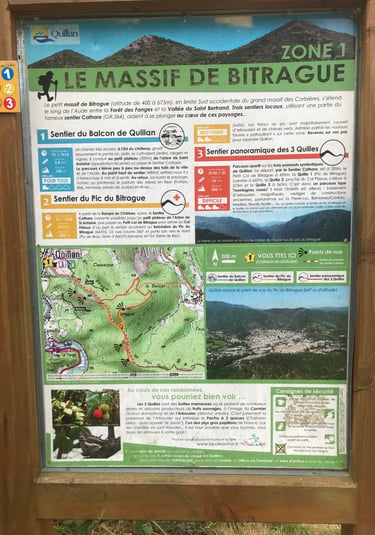 Hiking trail sign for Massif de Bitrague near Quillan