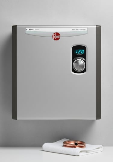 a small electric tankless water heater with a clock on it