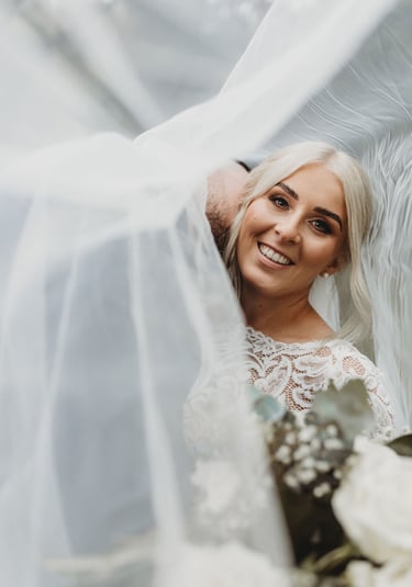 a bride and groom posing for a photo
