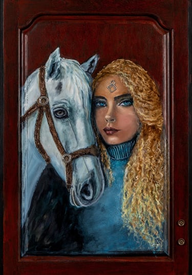 ‘’”Sanctuary of Two” woman with white horse oil painting.