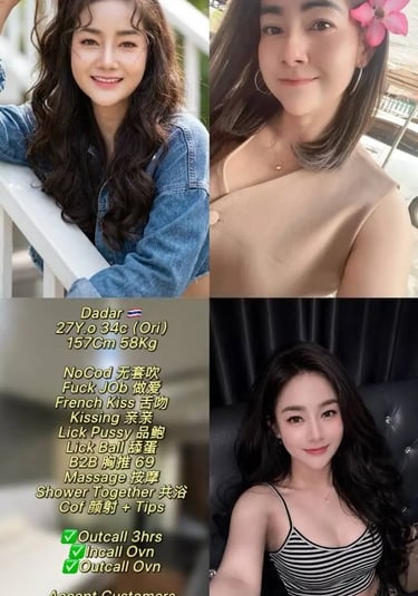 Collage of a smiling Thai woman with long wavy hair, featuring a services menu and profile details.