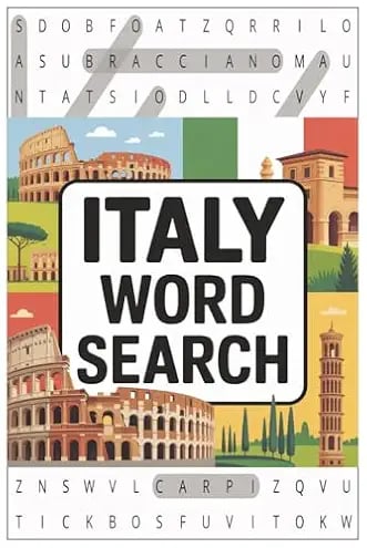Italy Word Search puzzle book cover featuring the Roman Colosseum and Leaning Tower of Pisa.
