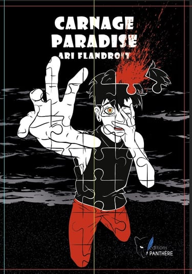 Couverture du thriller Carnage Paradise par Ari Flandroit, le personnage semble appeler à l'aide