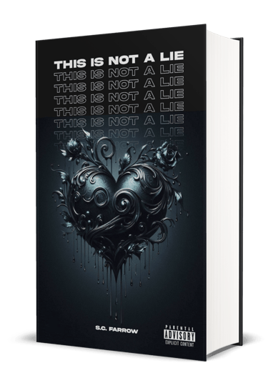 A black book cover featuring a black romantic heart embellished with swirls and rosebuds