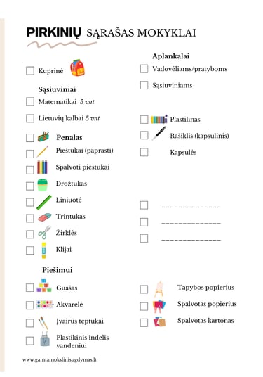 pirkiniu sarasas mokyklai mokykliniu priemoniu sarasas pirmokui