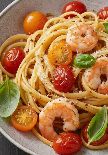 linguine con pomodorini, gamberetti e basilico