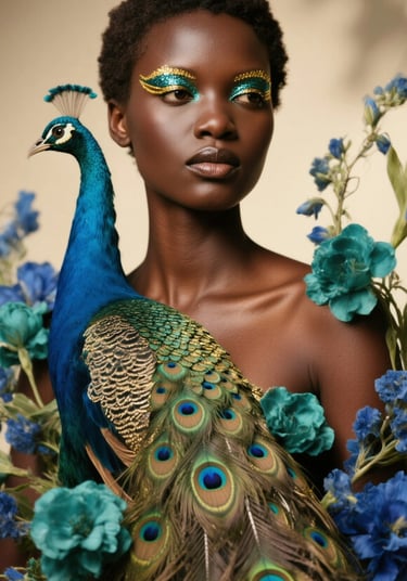 a woman with a peacock feathered headdress