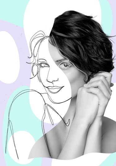 black and white photo of woman with abstract illustration