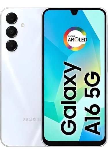 Samsung Galaxy A16 5G smartphone in white featuring a Super AMOLED display and triple rear camera system.