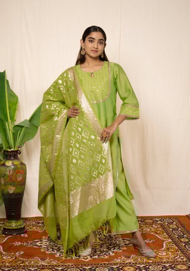 SajNaari Lime Green Chanderi Straight Kurta set with Dupattas