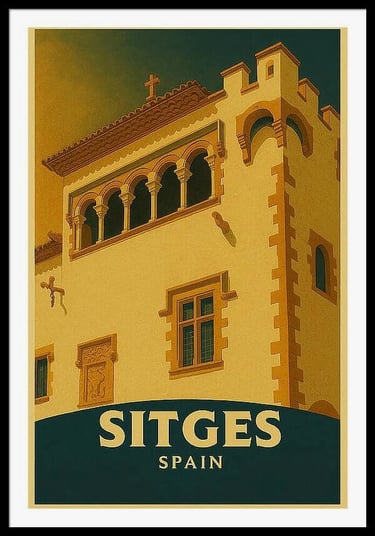 Sunny Spanish Architecture Vintage-styled Travel Poster of Sitges in Spain Maricel Palace framed pri