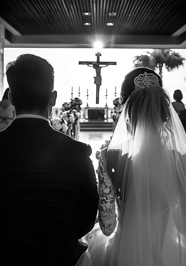 a bride and groom are standing in front of a cross