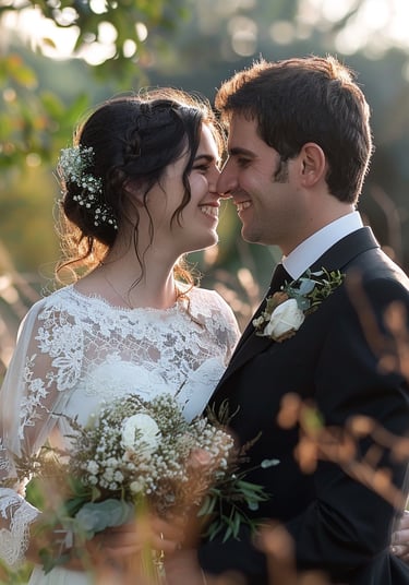 a bride and groom standing in a field