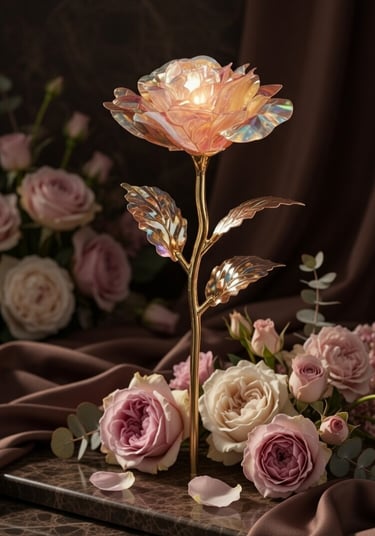 Iridescent glass rose lamp with gold stem on a marble table with pink flower arrangements.