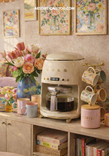 Retro Smeg drip coffee maker on a cozy sideboard with floral art, fresh tulips, and aesthetic mugs.