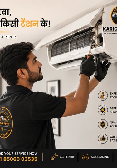 Professional technician performing AC service and repair on a split air conditioner unit.