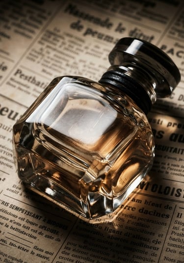 Extreme close-up of a clear glass perfume bottle reflecting sharp studio light, resting on vintage newsprint with black ink text, warm golden undertones, high-contrast, deep shadows